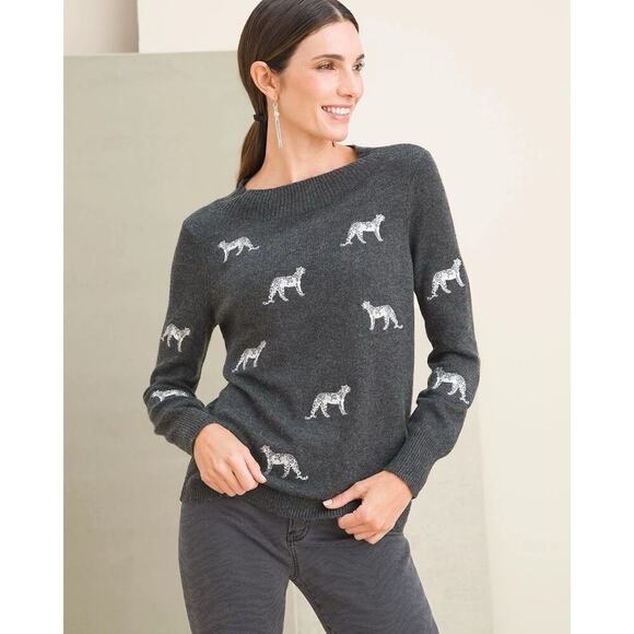 Chico's Sweaters - Chico’s Cashmere Blend Embroidered Cheetah Sweater Size 0 Small Gray Crew Neck
